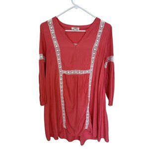 Umgee Womens Coral Tunic Top Small Crochet Peasant USA Shirt Blouse Boho Pink